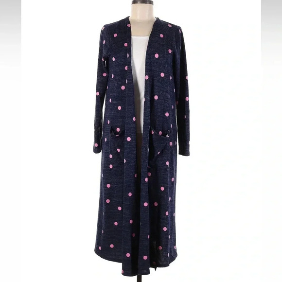 LuLaRoe Sarah Cardigan Sweater Duster Blue Pink Polka Dot Pockets Size Medium M - Picture 6 of 6